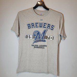 Majestic MLB Milwaukee Brewers Mens T-shirt Gray Short Sleeve Size M